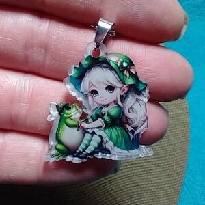 Princess and frog green white pink necklace  silvertone